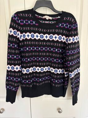 LOFT Women's Sweater Size Large Black Fair Isle Crew Neck Pullover Cotton Blend